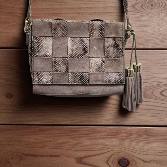 Antropologie Morgan  Woven Suede Crossbody Bag Snakeskin Accents Tassel Boho - Picture 15 of 15